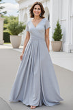 Sparkly Silver A Line V-Neck Chiffon Maxi Mother of the Bride Dress