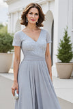 Sparkly Silver A Line V-Neck Chiffon Maxi Mother of the Bride Dress