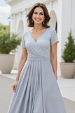 Sparkly Silver A Line V-Neck Chiffon Maxi Mother of the Bride Dress