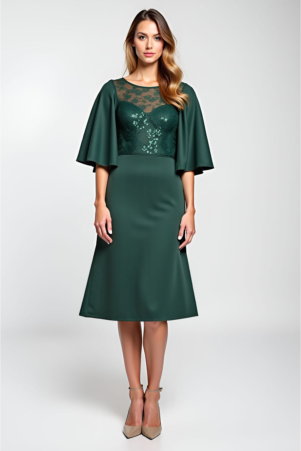 Sparkly Pine Satin Midi Mother of the Bride Dress with Lace