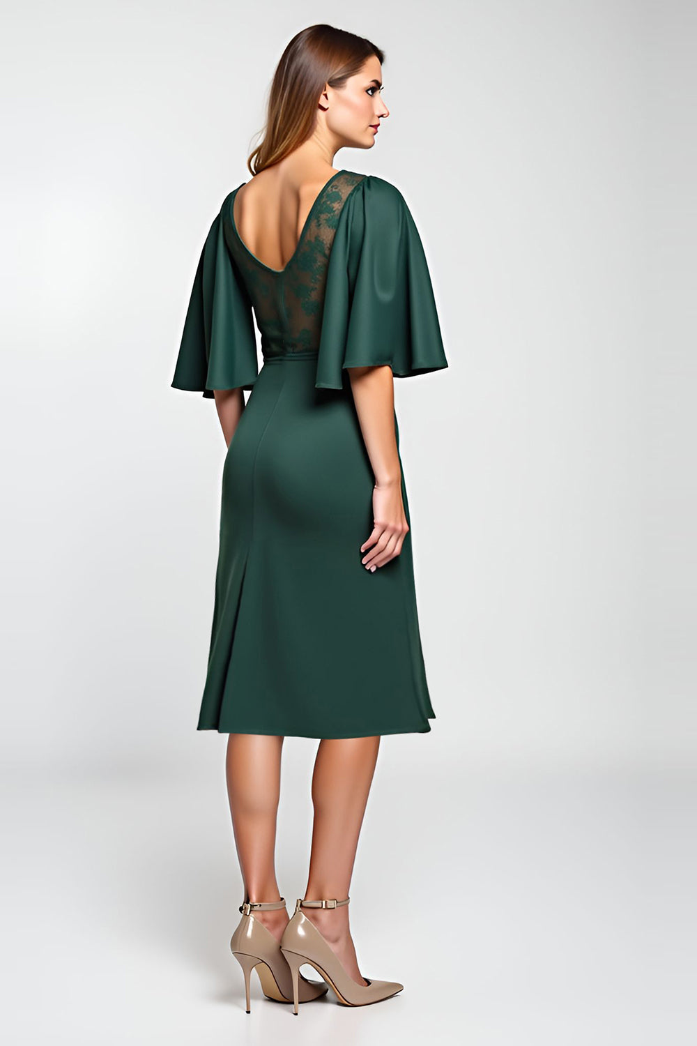 Sparkly Pine Satin Midi Mother of the Bride Dress with Lace