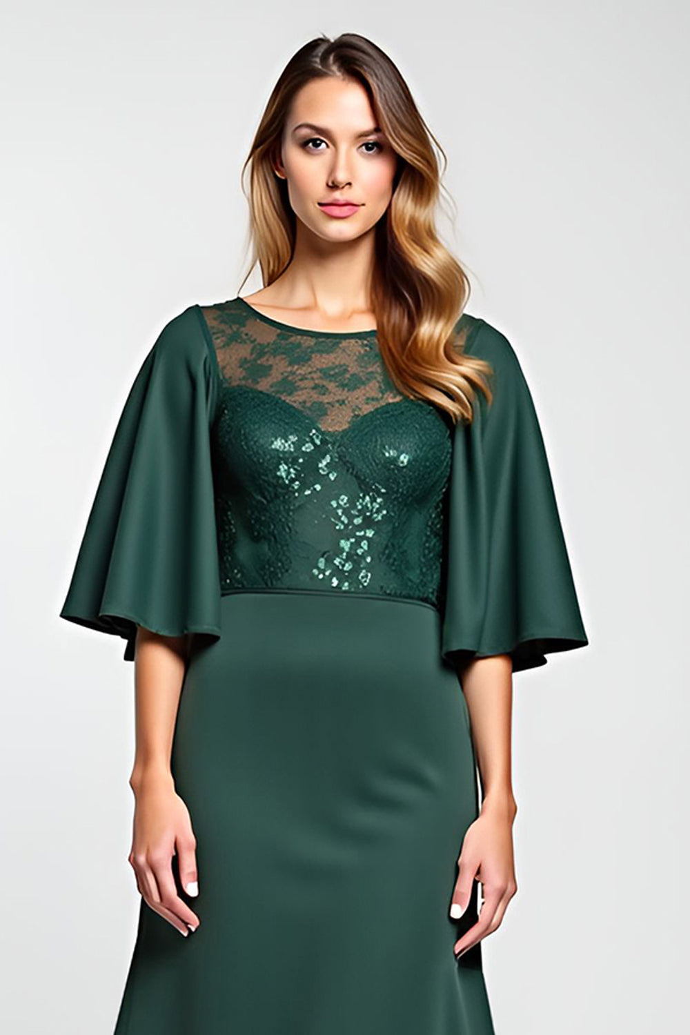 Sparkly Pine Satin Midi Mother of the Bride Dress with Lace