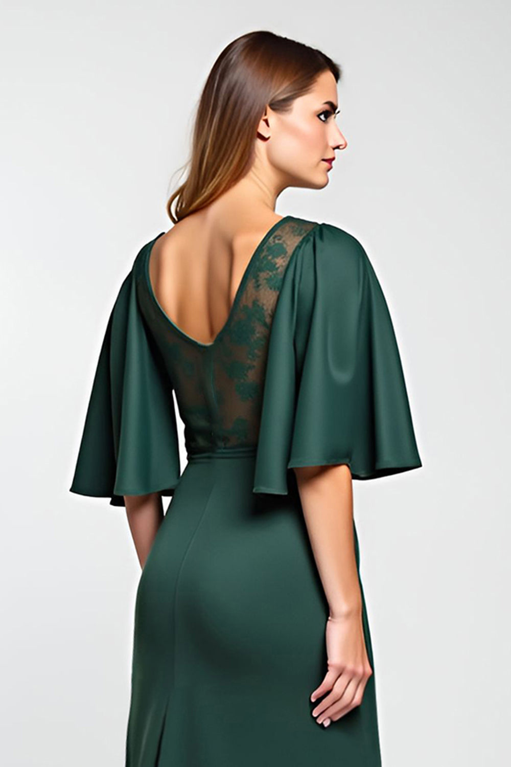 Sparkly Pine Satin Midi Mother of the Bride Dress with Lace