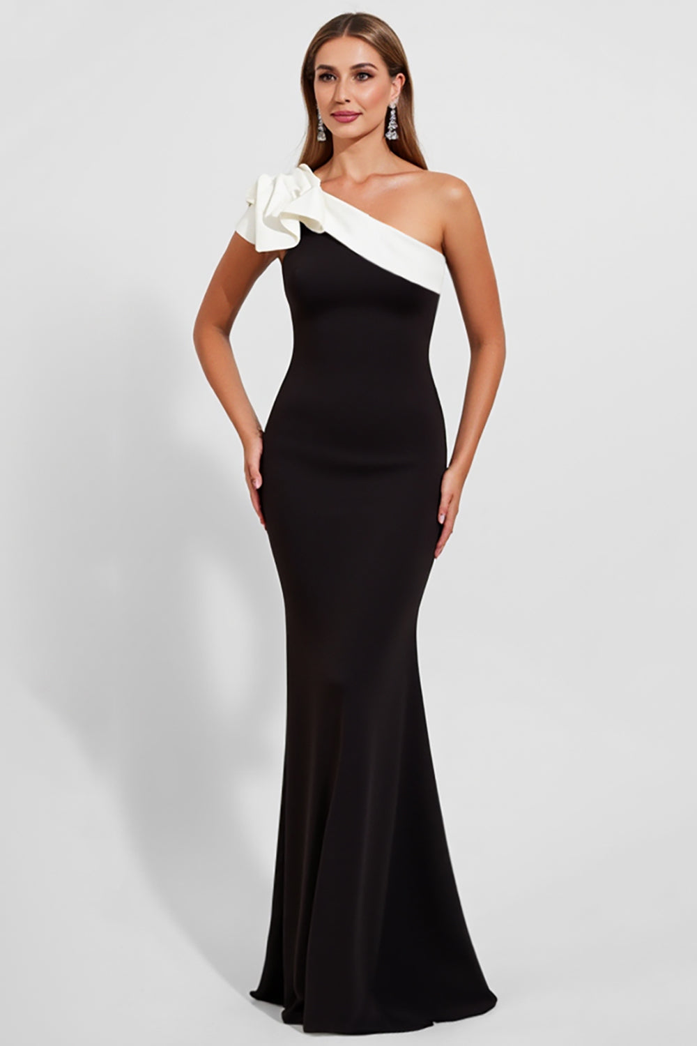 Black One Shoulder Satin Maxi Mermaid Evening Dress with Ruffles