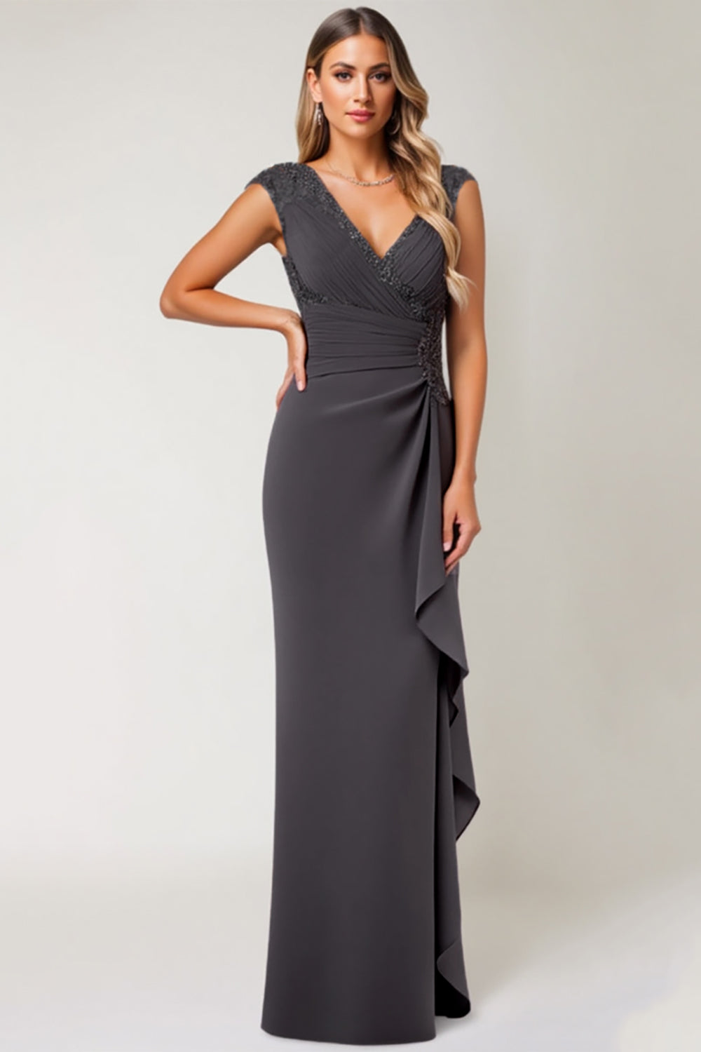 Steel Grey V-Neck Sheath Mother of the Bride Dress with Ruffles