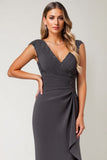 Steel Grey V-Neck Sheath Mother of the Bride Dress with Ruffles