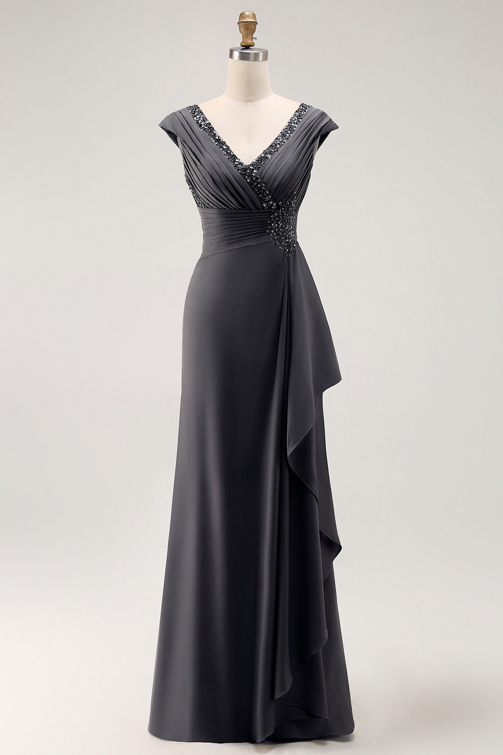 Steel Grey V-Neck Sheath Mother of the Bride Dress with Ruffles