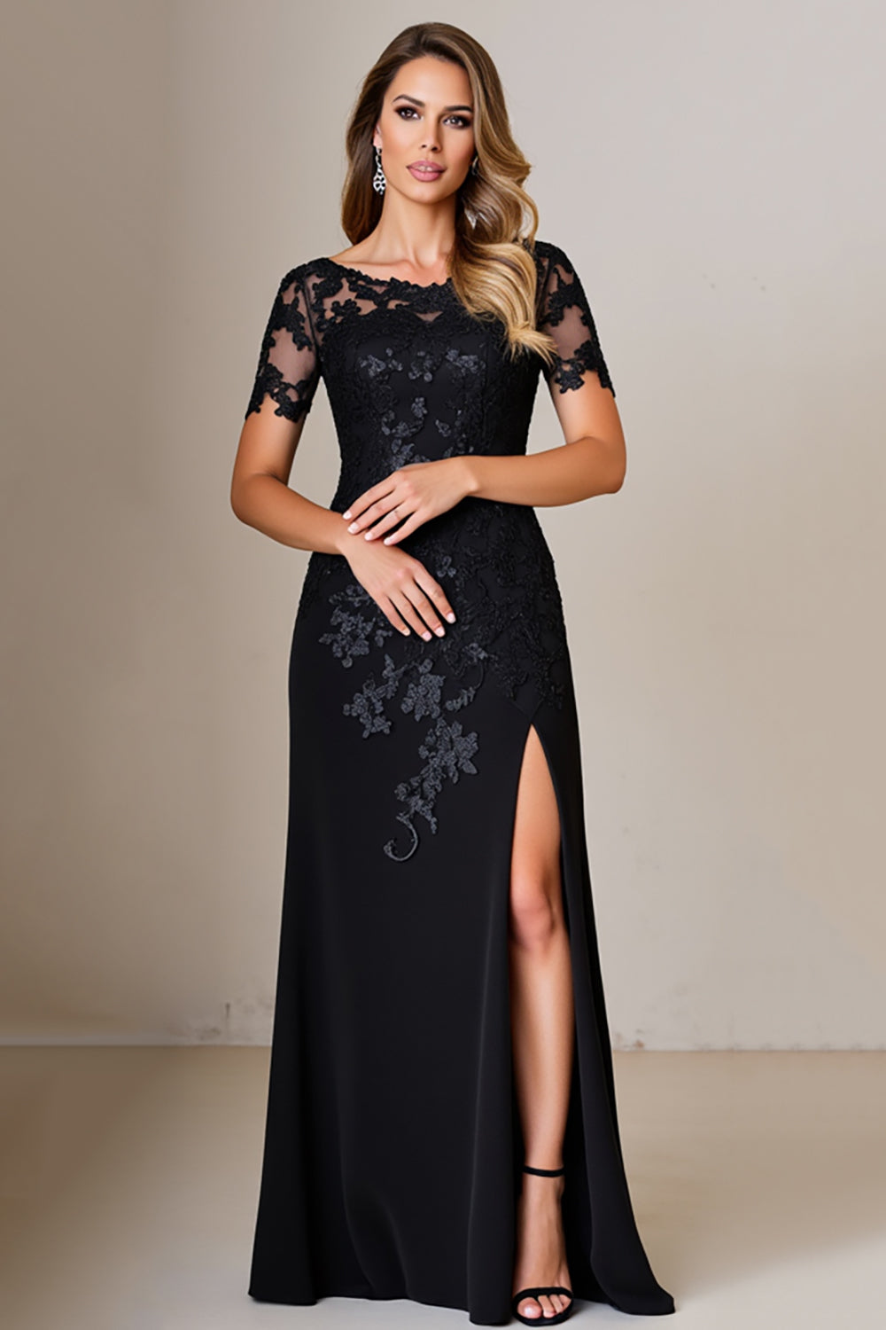 Black Sheath Round Neck Satin Mother of the Bride Dress with Slit