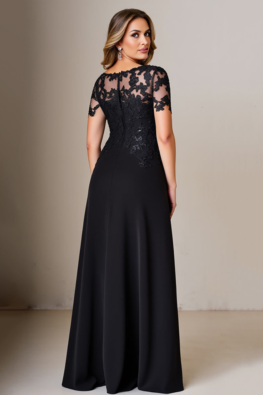 Black Sheath Round Neck Satin Mother of the Bride Dress with Slit
