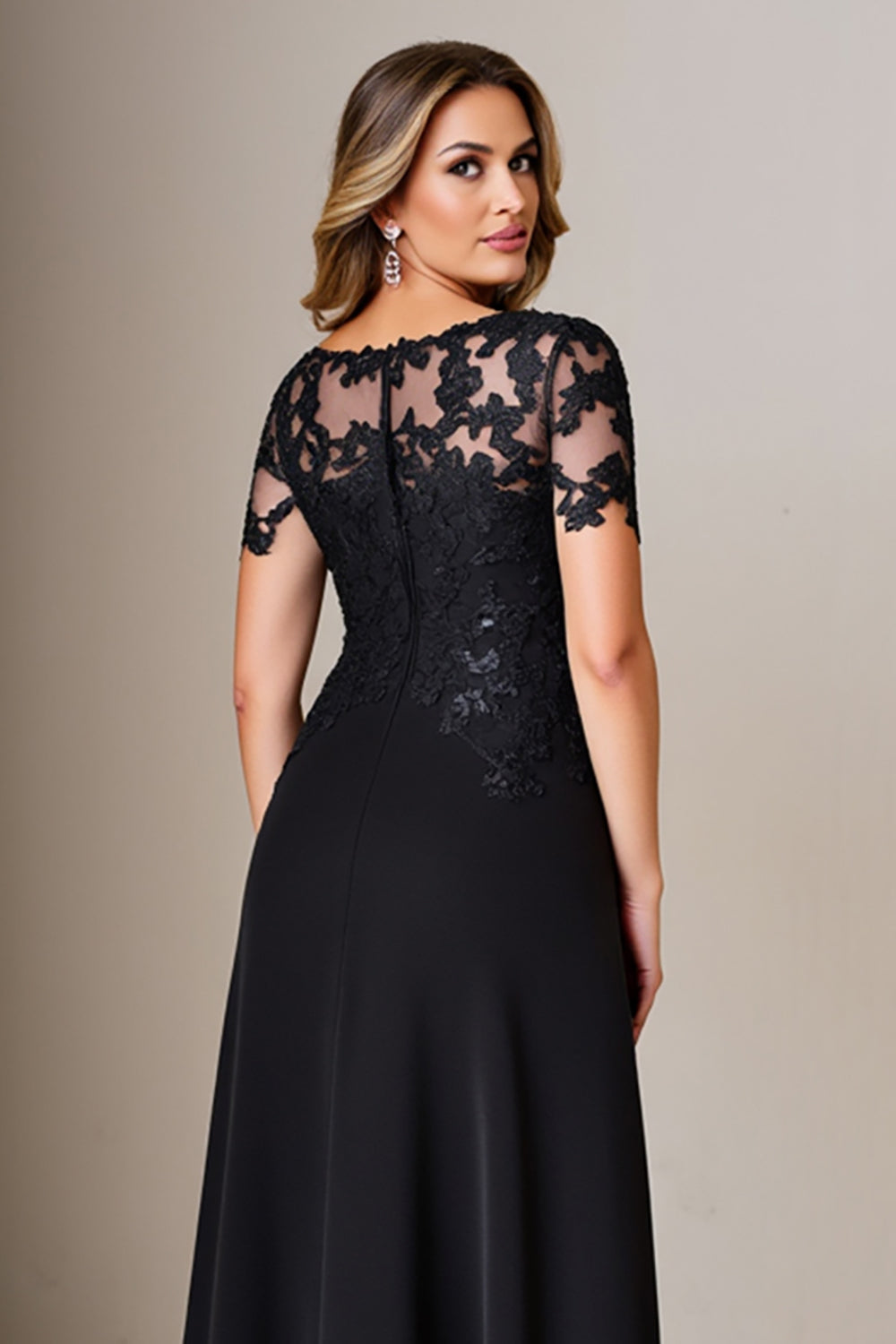 Black Sheath Round Neck Satin Mother of the Bride Dress with Slit