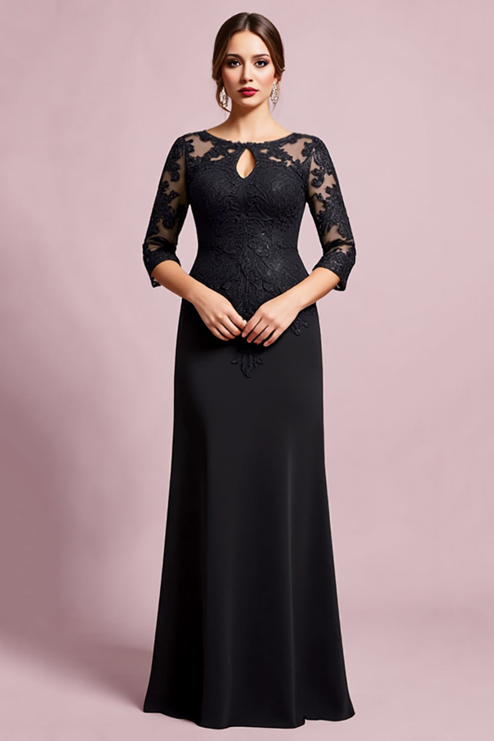 Black Sheath Satin lllusion Round Neck Mother of the Bride Dress with Lace
