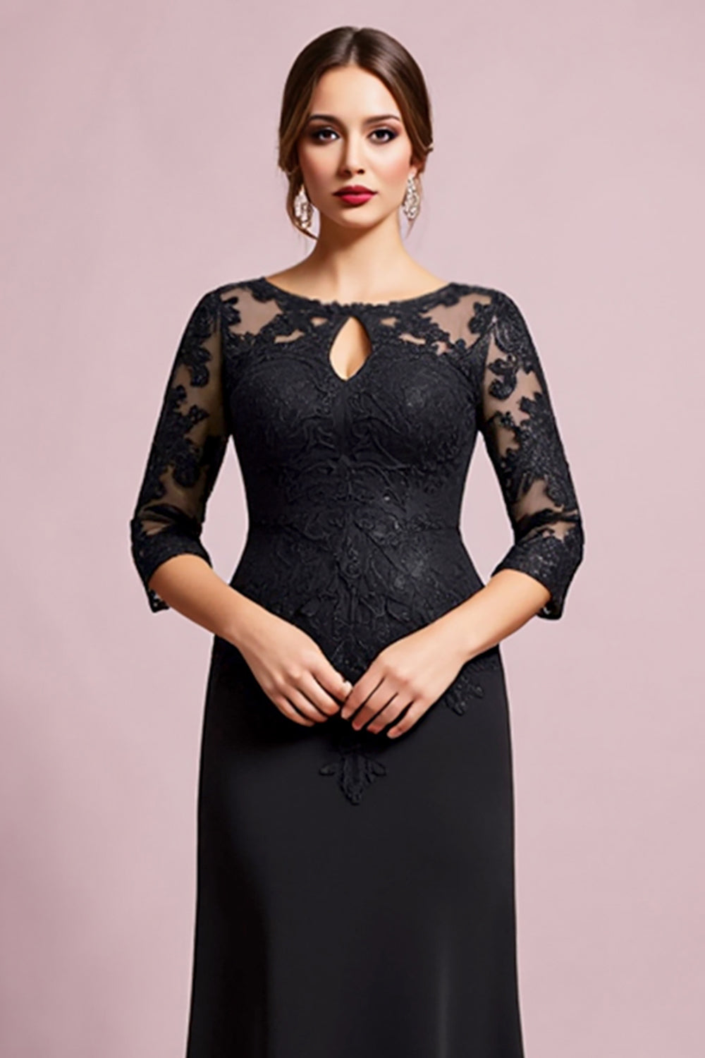 Black Sheath Satin lllusion Round Neck Mother of the Bride Dress with Lace