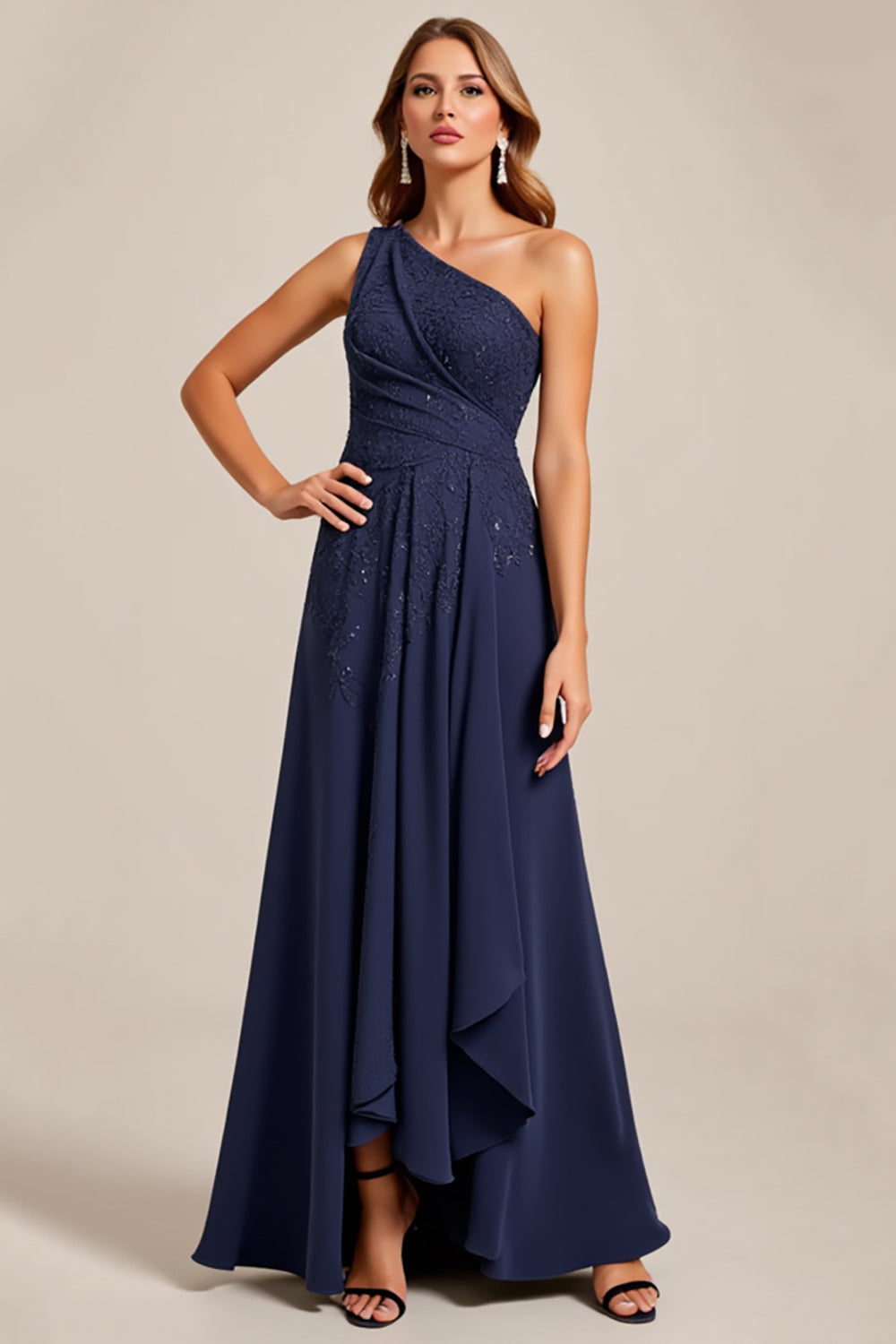 Navy A Line One Shoulder Mother of the Bride Dress with Lace