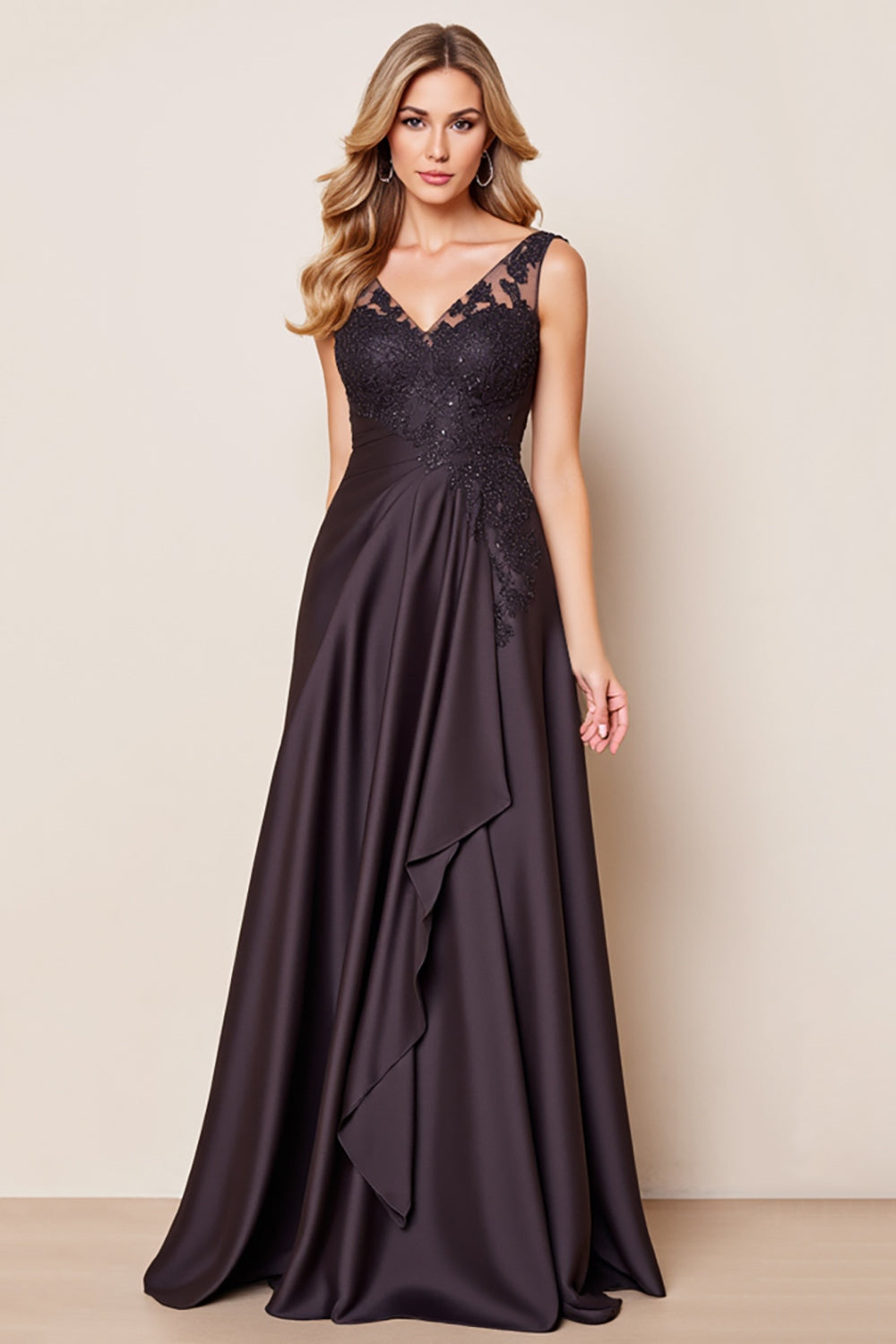 Black Satin A Line V-Neck Mother of the Bride Dress with Lace