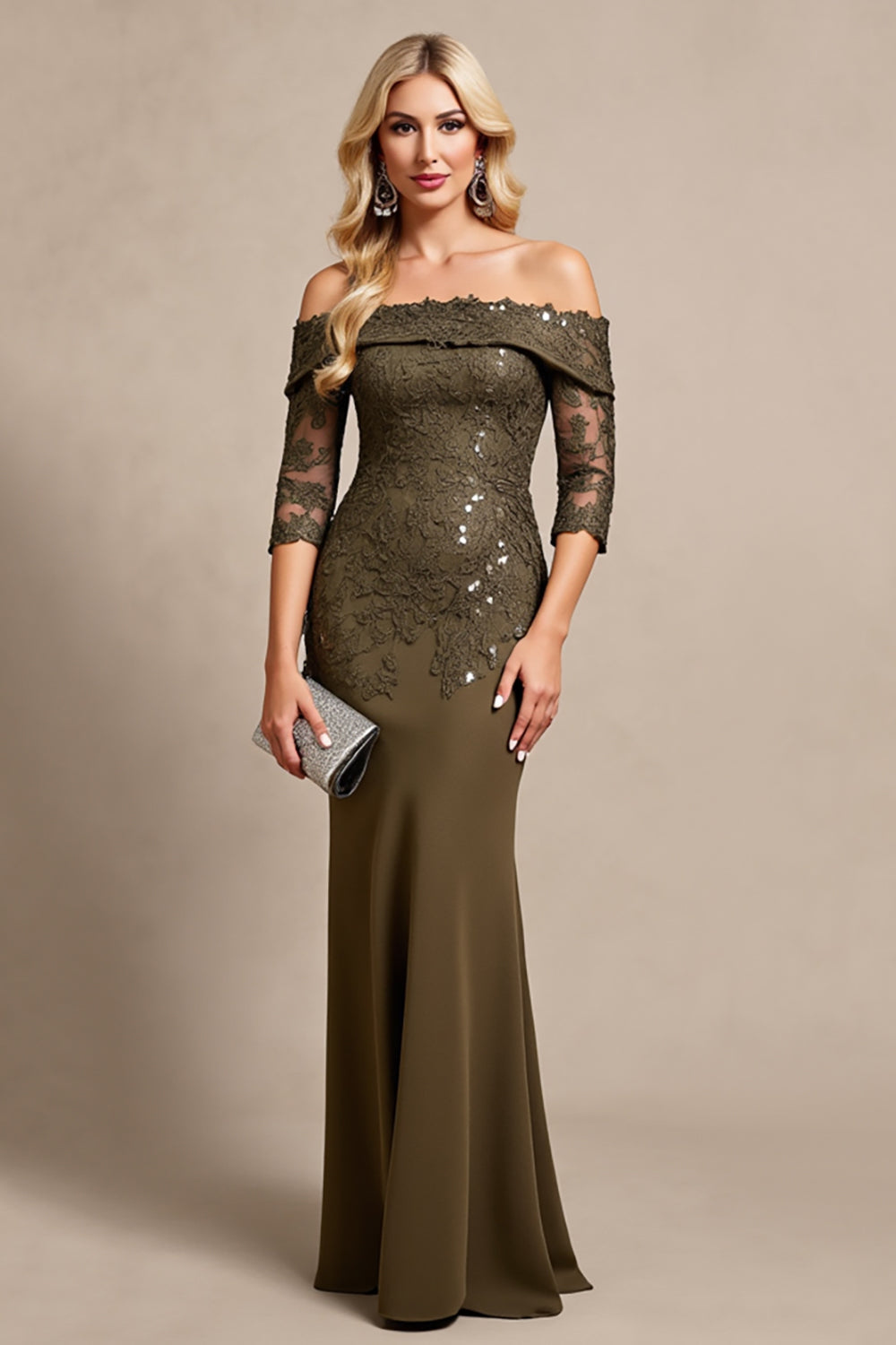 Olive Mermaid Satin Maxi Mother of the Bride Dress with Lace