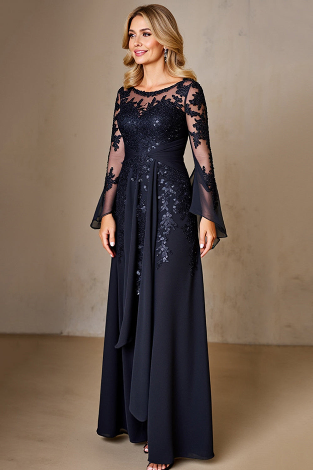 Sparkly Navy Long Sleeves A Line Maxi Mother of the Bride Dress