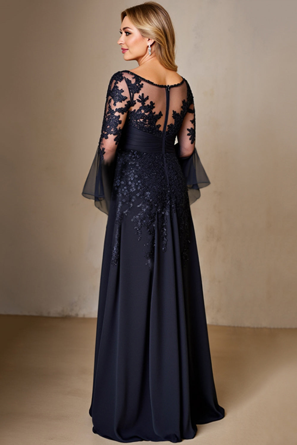 Sparkly Navy Long Sleeves A Line Maxi Mother of the Bride Dress
