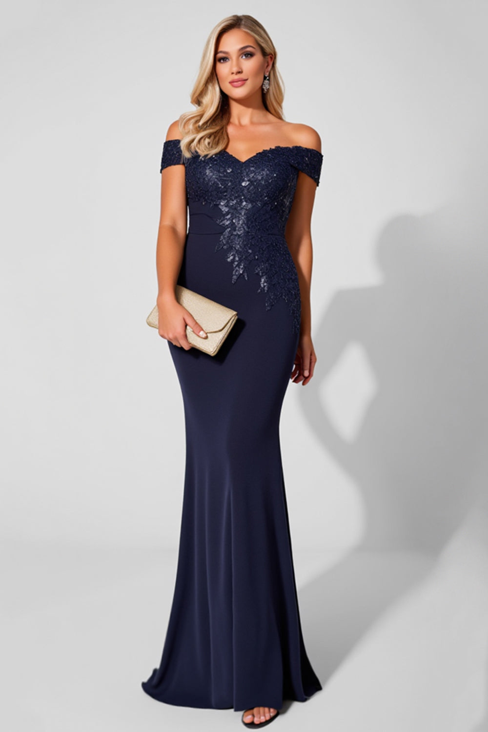 Sparkly Navy Mermaid Maxi Mother of the Bride Dress with Appliques