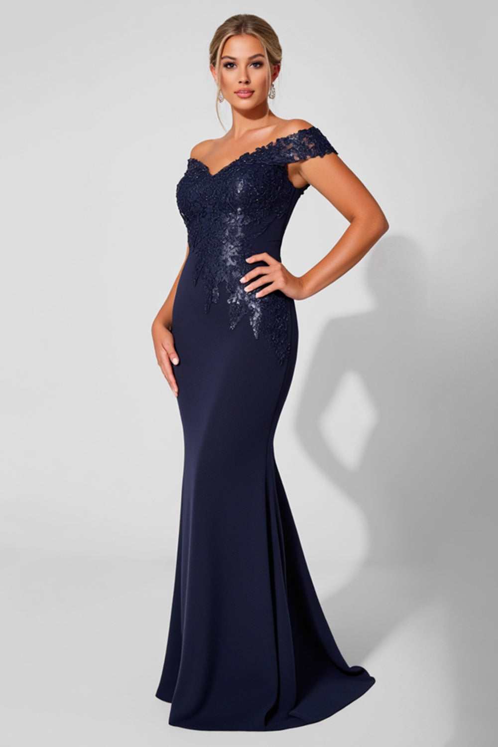Sparkly Navy Mermaid Maxi Mother of the Bride Dress with Appliques