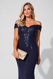 Sparkly Navy Mermaid Maxi Mother of the Bride Dress with Appliques