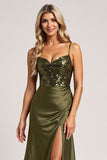 Sparkly Olive Spaghetti Straps Satin Maxi Bridesmaid Dress with Slit