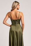 Sparkly Olive Spaghetti Straps Satin Maxi Bridesmaid Dress with Slit