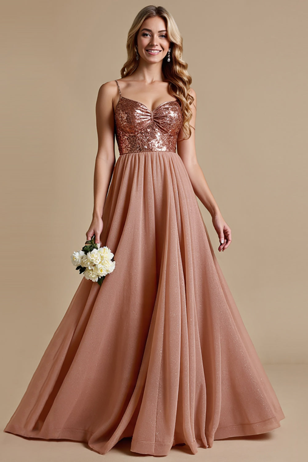 Sparkly Dusty Rose Spaghetti Straps A Line Maxi Bridesmaid Dress