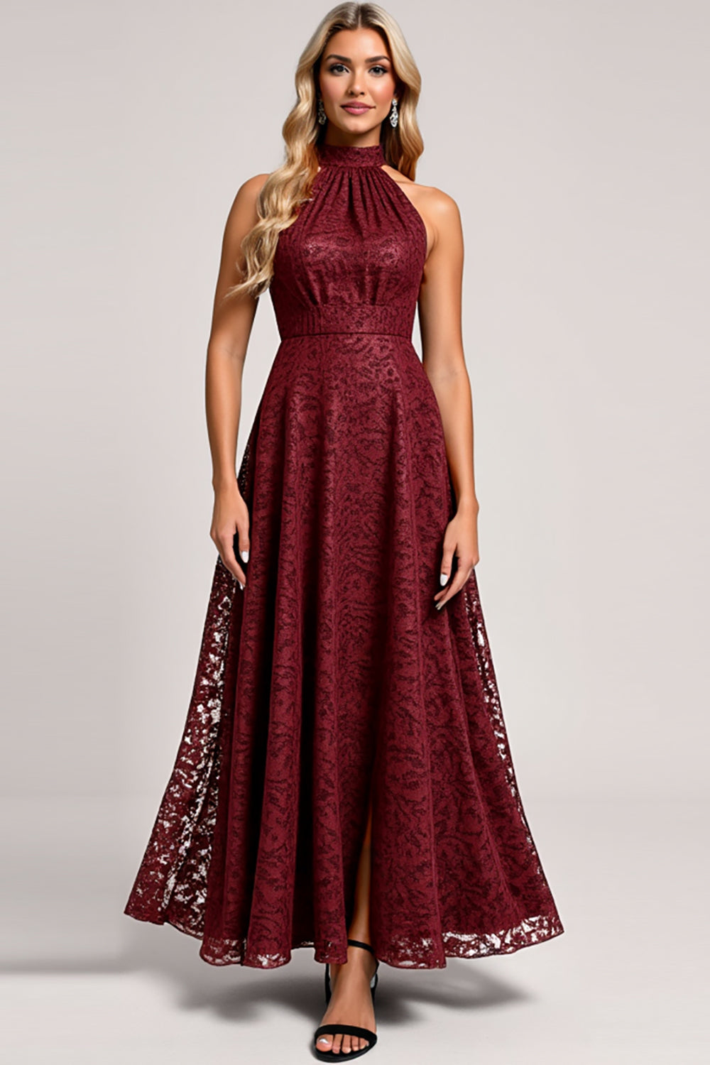 Cabernet A Line High Neck Ruched Lace Maxi Bridesmaid Dress with Slit