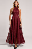 Cabernet A Line High Neck Ruched Lace Maxi Bridesmaid Dress with Slit