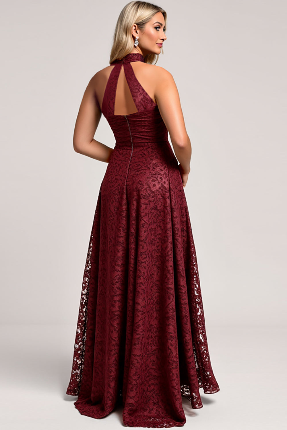 Cabernet A Line High Neck Ruched Lace Maxi Bridesmaid Dress with Slit