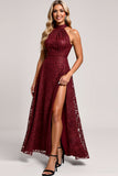 Cabernet A Line High Neck Ruched Lace Maxi Bridesmaid Dress with Slit