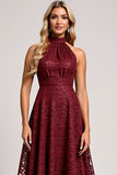 Cabernet A Line High Neck Ruched Lace Maxi Bridesmaid Dress with Slit