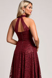 Cabernet A Line High Neck Ruched Lace Maxi Bridesmaid Dress with Slit
