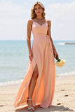 Sunset Chiffon Spaghetti Straps Boho Maxi Bridesmaid Dress with Slit