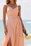 Sunset Chiffon Spaghetti Straps Boho Maxi Bridesmaid Dress with Slit