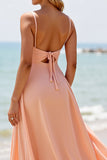 Sunset Chiffon Spaghetti Straps Boho Maxi Bridesmaid Dress with Slit