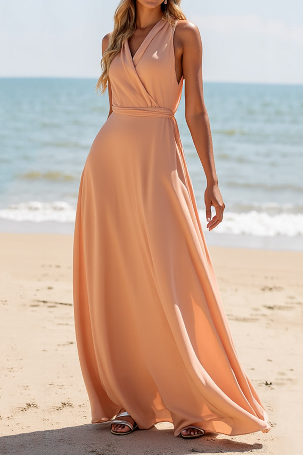 Sunset Chiffon V-Neck A Line Boho Maxi Bridesmaid Dress