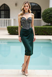 Sparkly Pine Bodycon Corset Midi Satin Cocktail Dress with Rhinestone