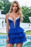 Sparkly Royal Blue A Line Corset Short Tulle Prom Dress