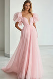 Pink V-Neck Flutter Sleeves A Line Maxi Formal Dress with Ruffles