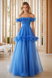Blue Tulle Ball Gown Maxi Prom Dress with Ruffles