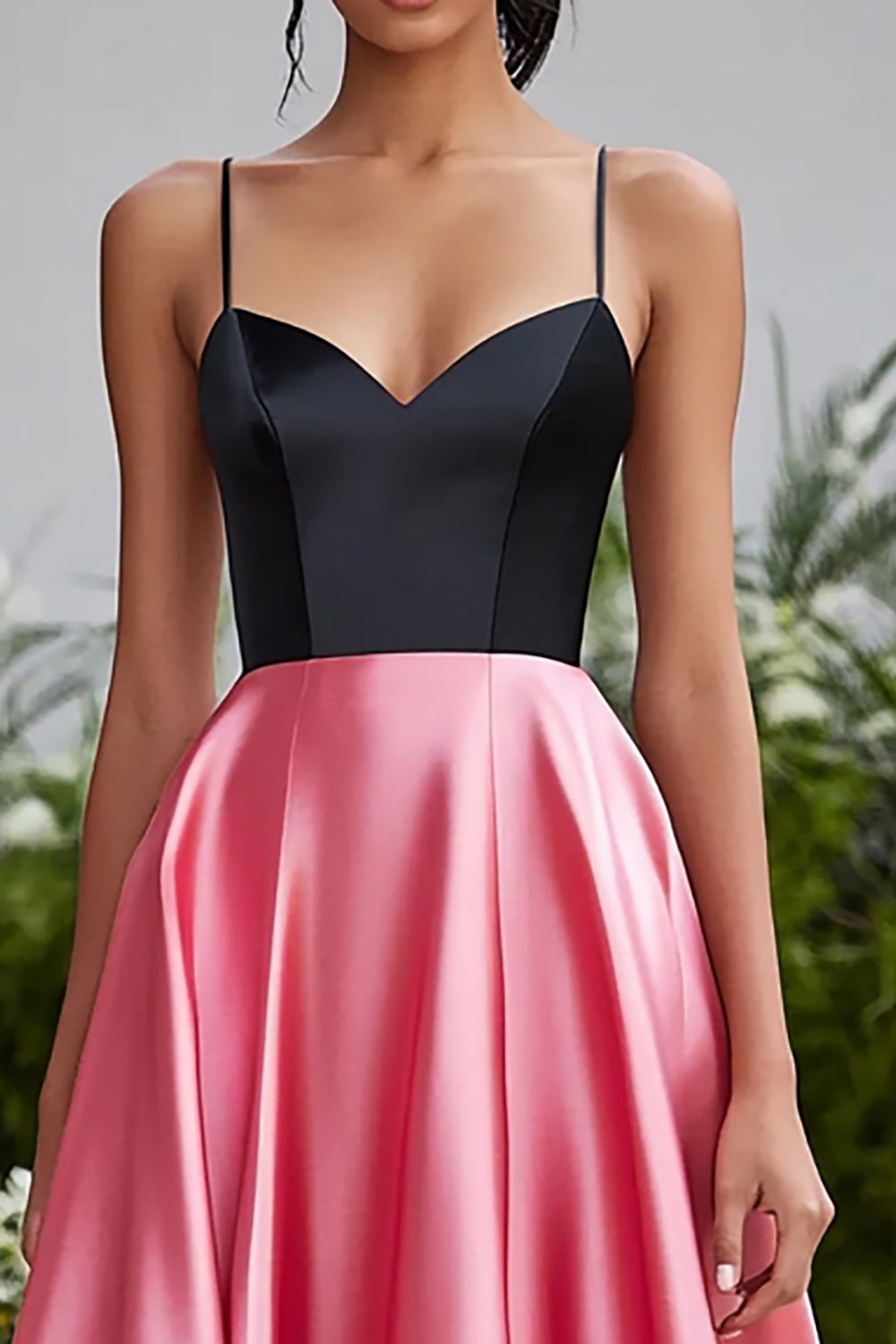 Black and Pink Spaghetti Straps Satin Maxi Ball Gown Prom Dress