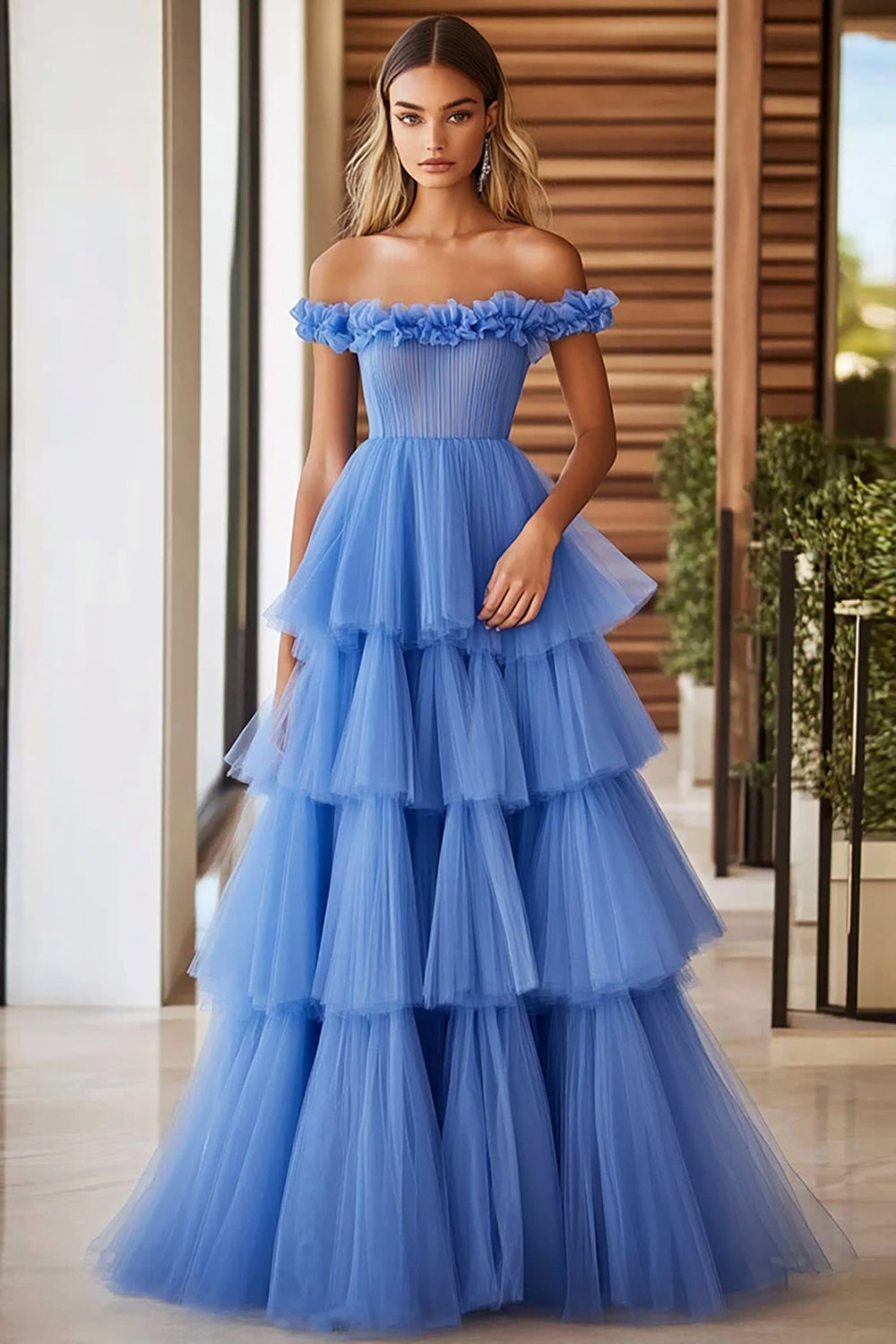 Blue Tulle Tiered Maxi Ball Gown Prom Dress with Ruffles
