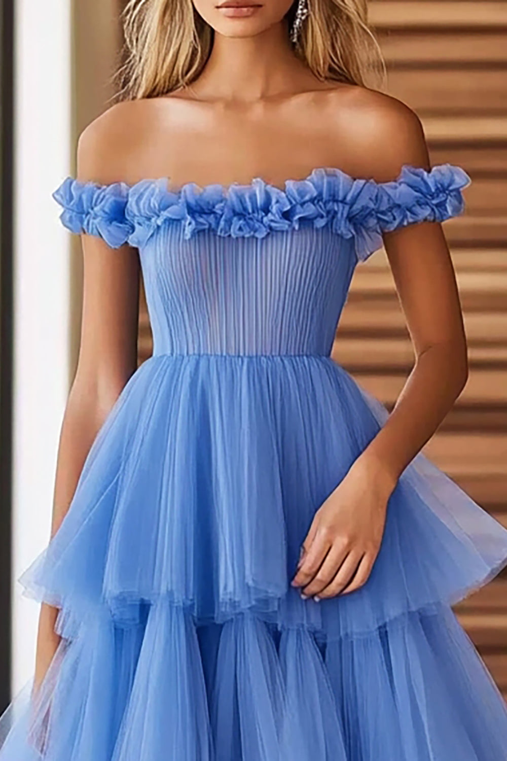 Blue Tulle Tiered Maxi Ball Gown Prom Dress with Ruffles