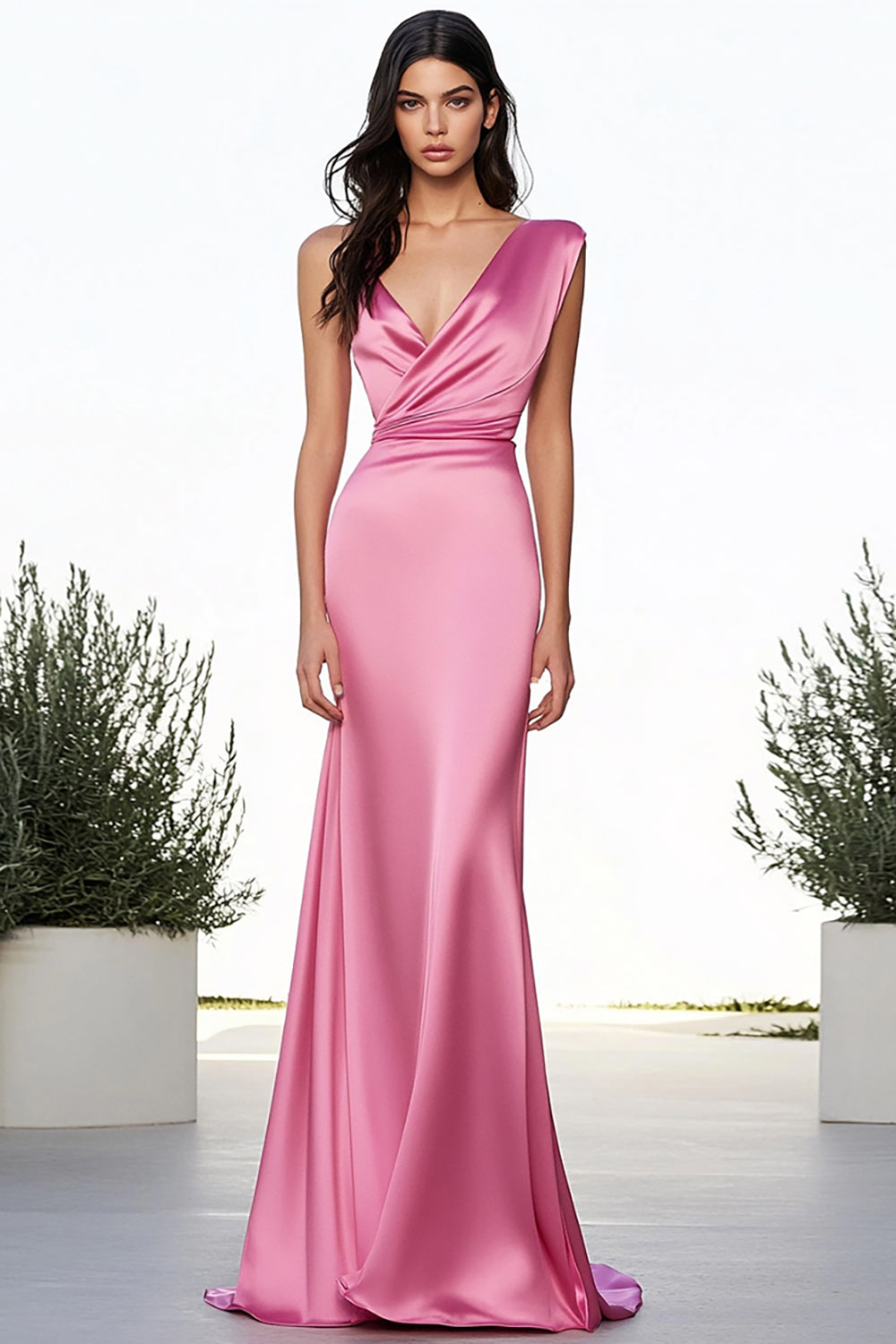 Pink Satin V-Neck Sheath Maxi Prom Dress