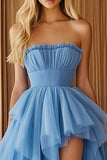 Blue Strapless Tulle High-Low Ball Gown Prom Dress with Ruffles