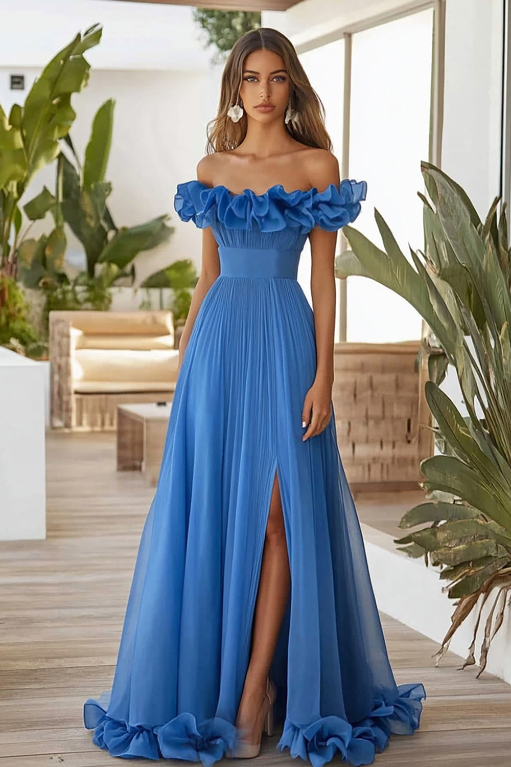 Blue Tulle Maxi A Line Prom Dress with Ruffles