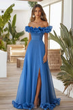 Blue Tulle Maxi A Line Prom Dress with Ruffles