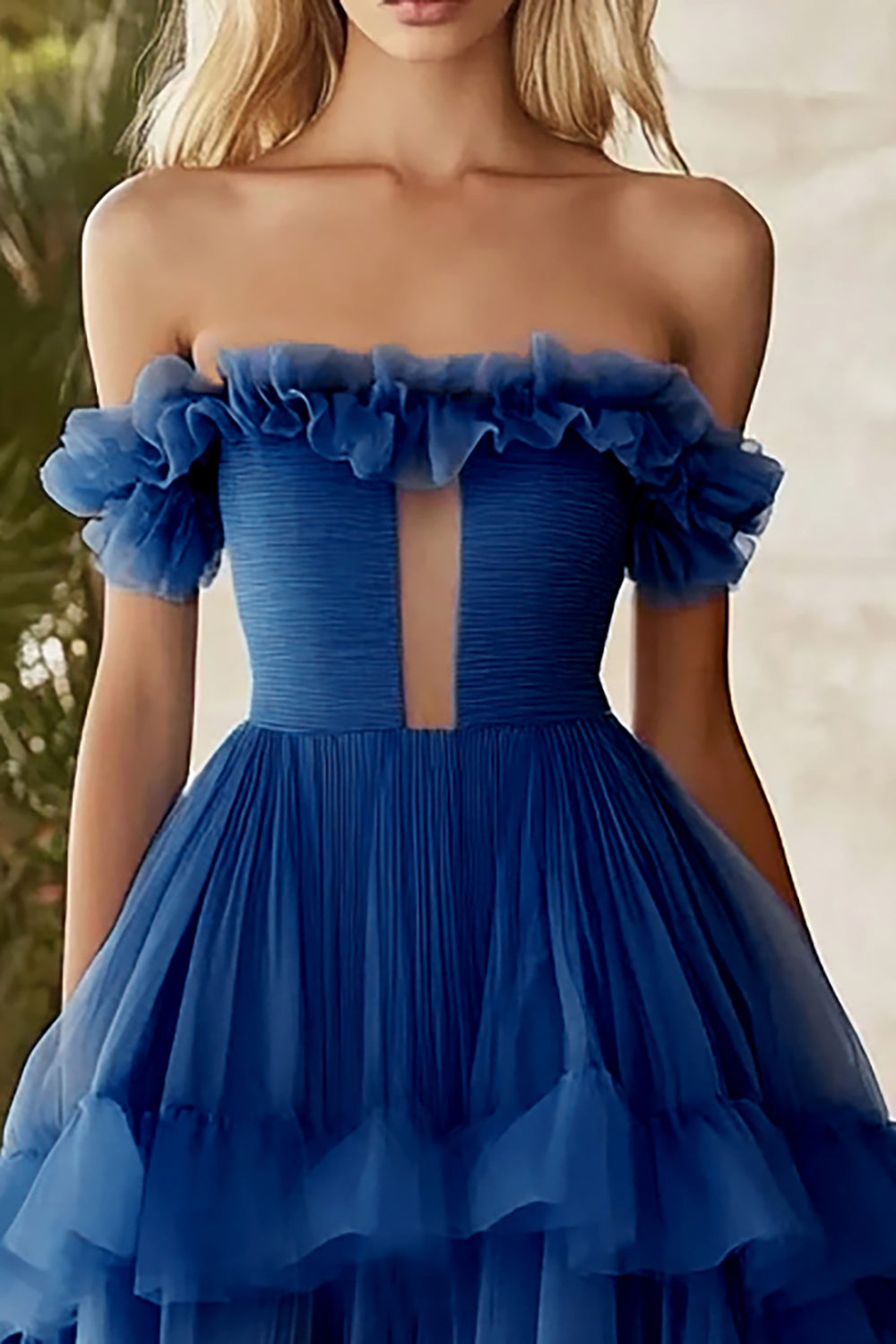 Dark Blue Tulle Tiered Maxi Ball Gown Prom Dress with Ruffles