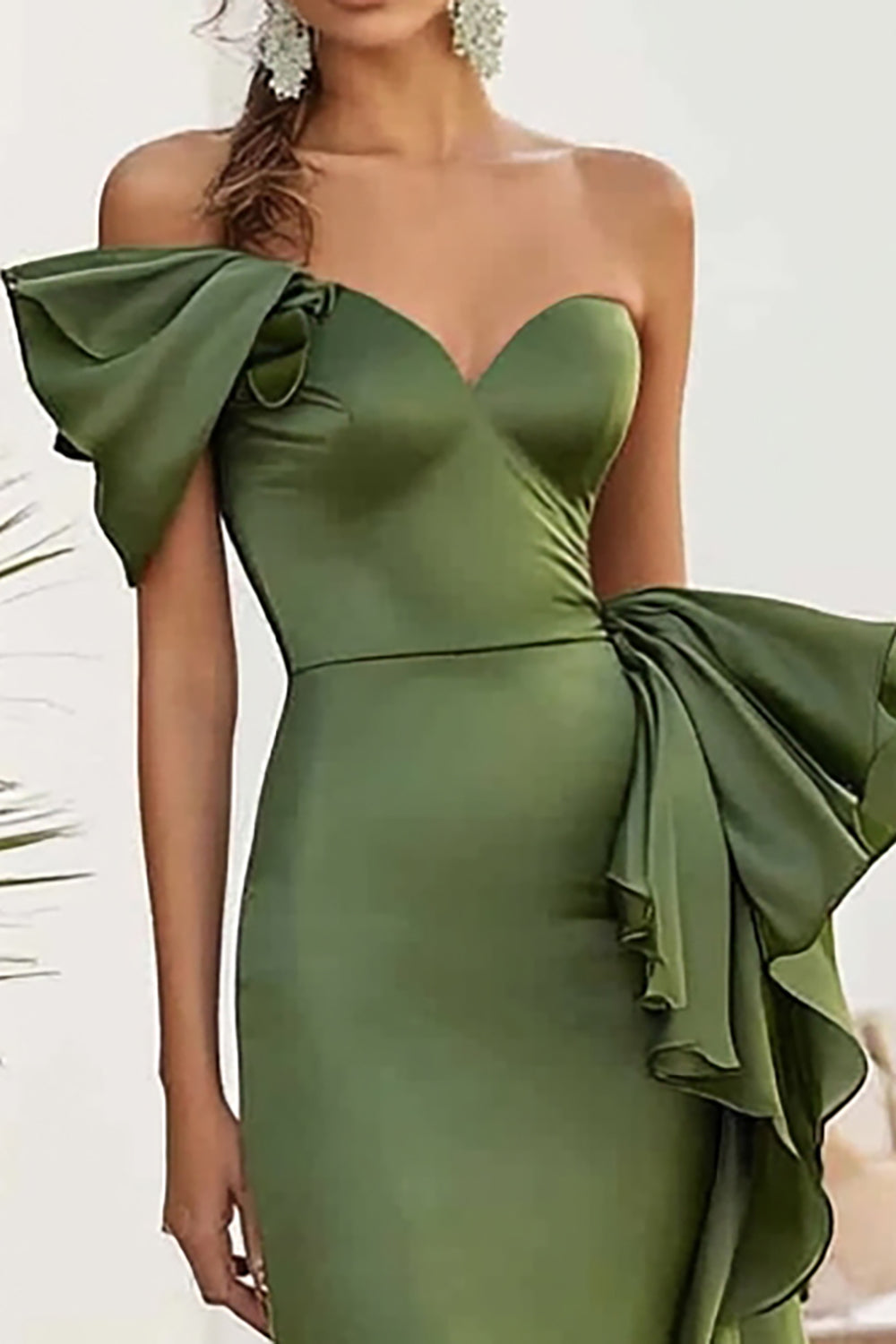 Olive Satin One Shoulder Mermaid Maxi Prom Dress with Ruffles